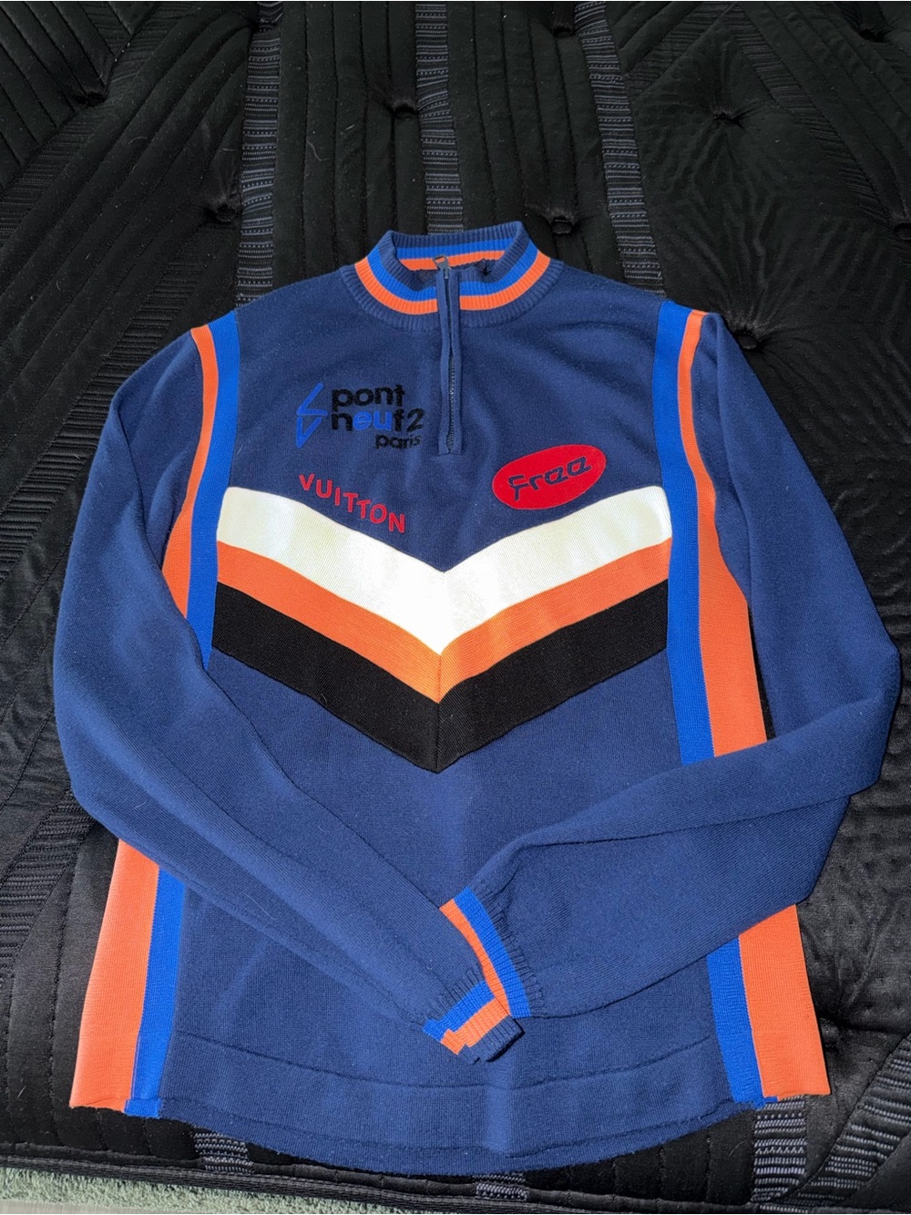 Louis Vuitton Blue Zip-Up Chevron Sweater with Orange & White Accents
